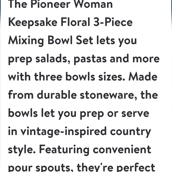 ❤️ New Pioneer Woman Keepsake Floral 3-Piece Ceramic Mixing Bowl Set - Picture 2 of 9